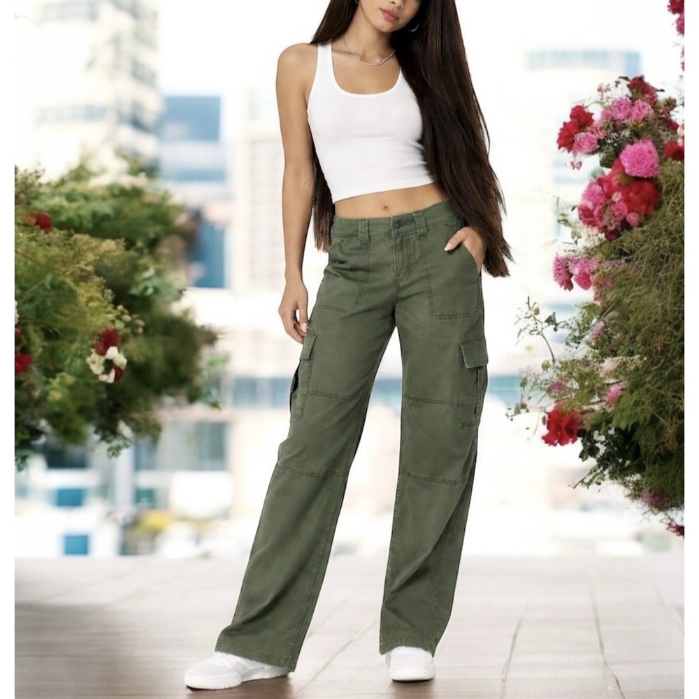 Hollister Low Rise Vintage Baggy Cargo Pants 26 Olive Green Y2K Utility Gorpcore